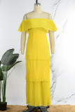Желтые повседневные однотонные плиссированные платья в стиле пэчворк с открытыми плечами (без пояса)