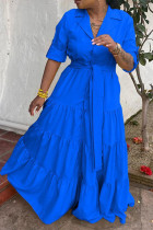 Blauwe casual stevige bandage patchwork gesp turndown kraag rechte jurken