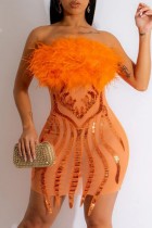 オレンジのセクシーなパッチワーク スパンコール シースルー バックレス ストラップレス ノースリーブ ドレス ドレス