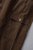 Brown Casual Solid Patchwork High Waist Regular Cargo Denim Jeans