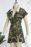 Armeegrün, sexy, lässig, Camouflage-Druck, Patchwork, Schlitz, Umlegekragen, zweiteilig