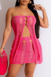 Tangerine Red Sexy Solid Hollowed Out Patchwork See-through Asymmetrical Strapless Sleeveless Two Pieces