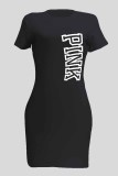 Black Casual Print Letter O Neck One Step Skirt Plus Size Dresses