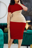 ローズレッドカジュアルソリッド包帯パッチワークフォールド非対称襟ワンステップスカートドレス