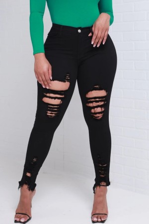 Black Casual Solid High Waist Skinny Ripped Denim Jeans