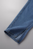 Deep Blue Casual Solid Slit High Waist Regular Denim Jeans