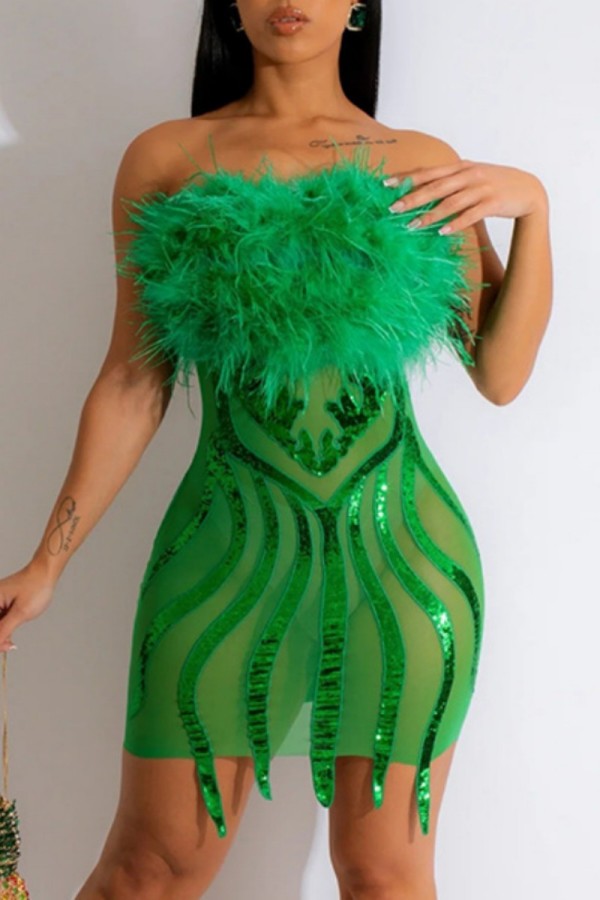 Army Green Sexiga Patchwork Paljetter Genomskinliga rygglösa axelbandslösa klänningar