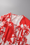 Красные повседневные базовые платья с длинным рукавом с принтом и v-образным вырезом