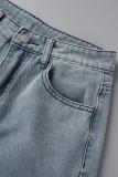 Light Blue Casual Butterfly Print Patchwork High Waist Regular Wide Leg Denim Jeans