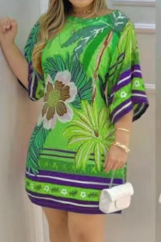 Green Casual Print Patchwork O Neck Straight Dresses