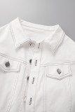 ホワイト カジュアル ソリッド パッチワーク ターンダウンカラー 長袖 ツーピース