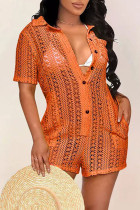Tangerine Red Sexy Solid Hollowed Out Patchwork Buckle Turndown Collar Straight Rompers