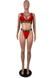 Red Sexy Print Solid Patchwork Backless Swimwears (Without Paddings)
