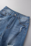 Tiefblaue, lässige, feste, zerrissene, dünne Denim-Shorts mit hoher Taille