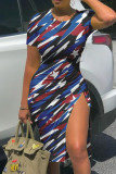 Vestidos de falda lápiz con cuello en O y abertura en el retazos con estampado sexy rojo azul oscuro