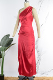 Rotes sexy formales festes rückenfreies Schlitz-schräger Kragen-Abend-Kleid-Kleider