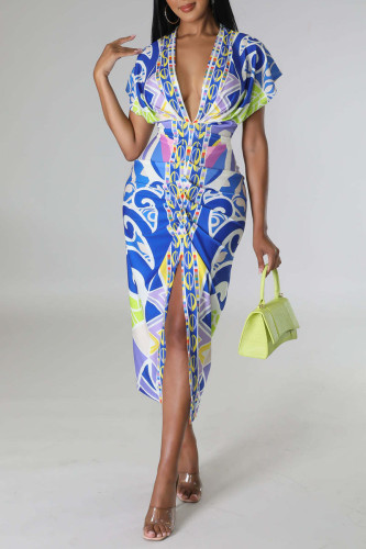 Royal Blue Sexy Print Patchwork Fold V Neck One Step Skirt Dresses