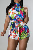 Green Sexy Vacation Floral Frenulum Backless Half A Turtleneck Regular Rompers(With Belt)