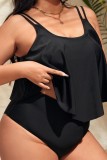 Zwarte sexy print luipaard rugloze U-hals plus size badmode driedelige set (met vullingen)