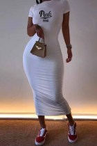 ホワイト カジュアル プリント レター O ネック ワンステップ スカート ドレス