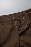Brown Casual Solid Patchwork High Waist Regular Cargo Denim Jeans