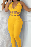 Yellow Sexy Casual Solid Hollowed Out Patchwork V Neck Skinny Jumpsuits