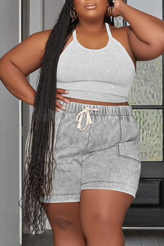 White Casual Print Patchwork Spaghetti Strap Plus Size Two Pieces