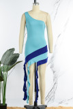 Светло-голубое сексуальное лоскутное платье с контрастной спиной и одним плечом без рукавов Платья