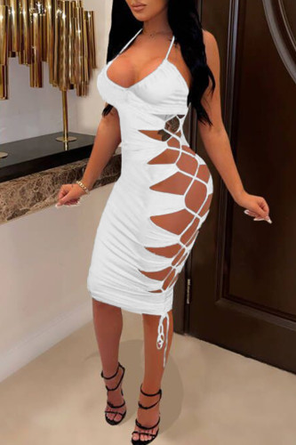 White Sexy Solid Hollowed Out Frenulum Backless Spaghetti Strap Sleeveless Dress Dresses