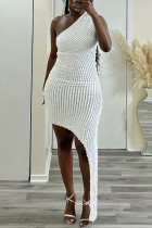 ホワイトセクシーカジュアルソリッドバックレス斜め襟不規則なドレスドレス