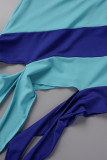 Bleu clair Sexy Patchwork Dos Nu Contraste Une Épaule Robe Sans Manches Robes