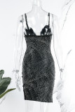 Vestido sin mangas con correa de espagueti y abertura sin espalda con perforación en caliente de patchwork sexy negro Vestidos