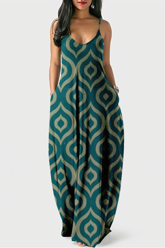 Green Casual Street Print U Neck Lantern Skirt Dresses
