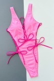 Розовый сексуальный однотонный купальник с вырезом на спине (с прокладками)