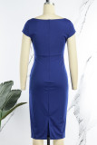 Deep Blue Elegant Solid Patchwork Square Collar One Step Skirt Dresses