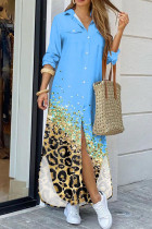 Синее повседневное платье-рубашка с леопардовым принтом в стиле пэчворк и пряжкой с отложным воротником Платья Платья
