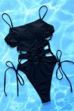 Черный сексуальный однотонный купальник с вырезом на спине и уздечкой (с прокладками)