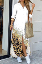 Белое повседневное платье-рубашка с леопардовым принтом в стиле пэчворк и пряжкой с отложным воротником Платья Платья