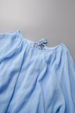 Robe longue décontractée à col rond et patchwork bleu clair