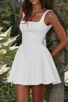 Witte casual effen rugloze jurk met strik, vierkante kraag, vestjurken