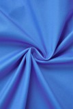 Blauwe casual print patchwork split asymmetrische schuine kraag korte mouw tweedelig