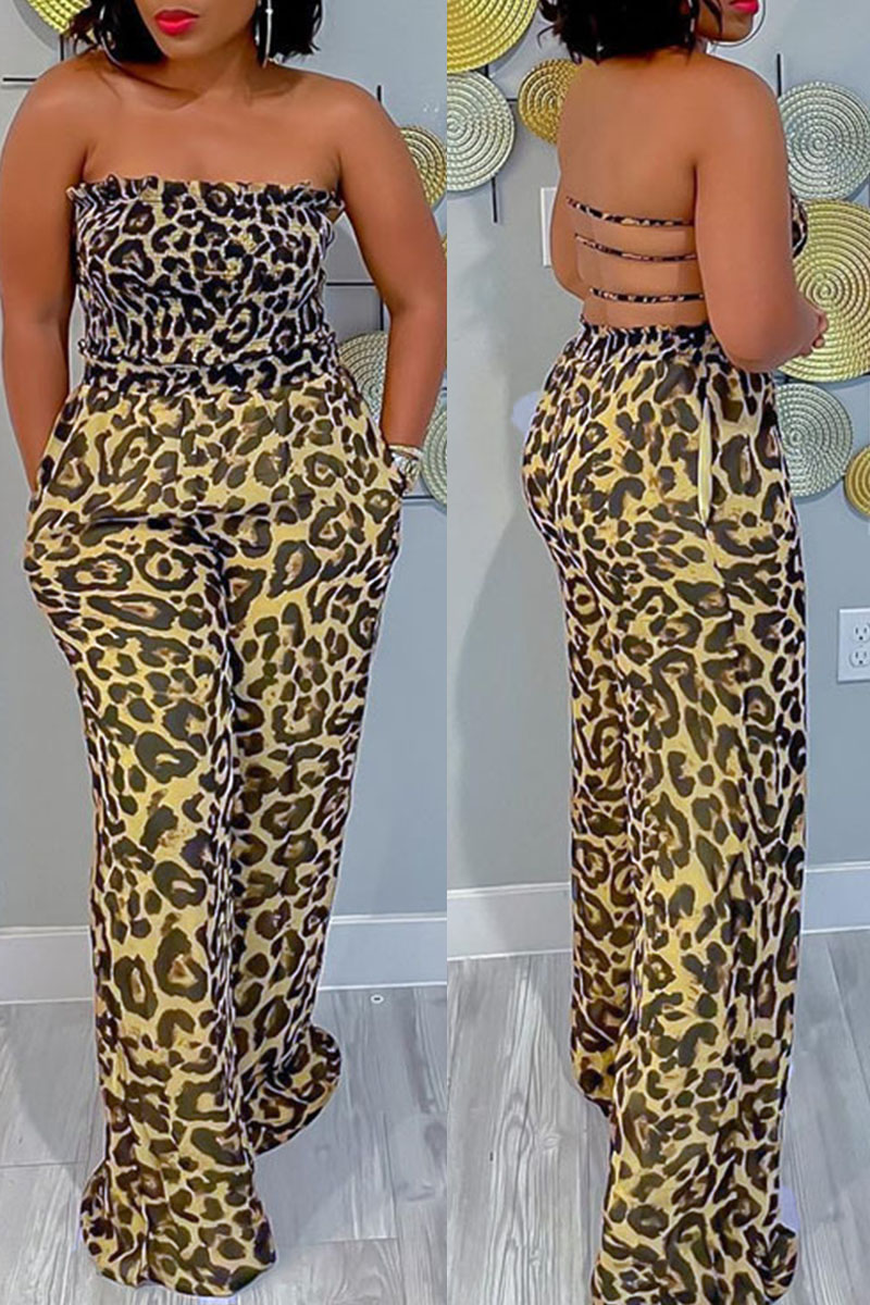 

Leopard Print Sexy Print Leopard Patchwork Backless Strapless Straight Jumpsuits