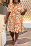 Oranje casual print patchwork gevouwen kraag A-lijn grote maten jurken