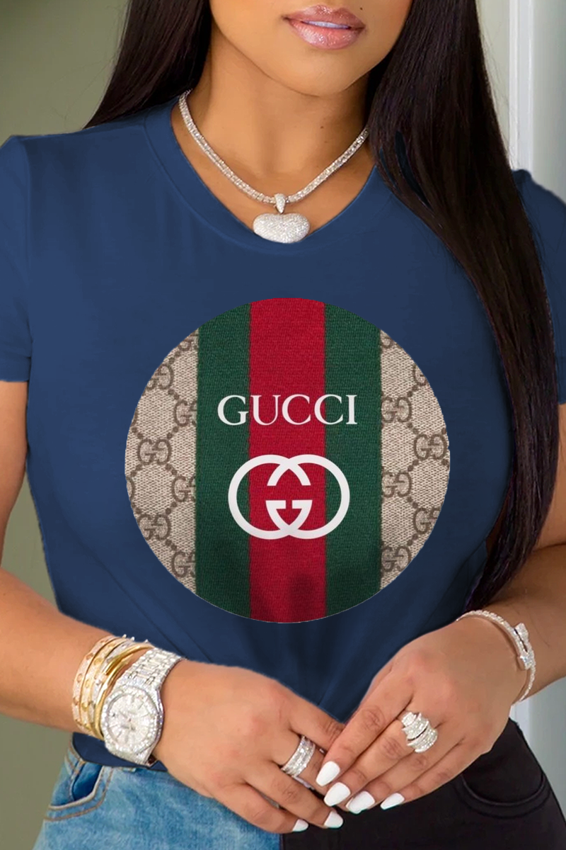 Navy Blue Casual Street Print Patchwork O Neck T-Shirts