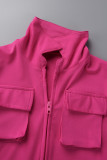 Розово-красные сексуальные однотонные облегающие комбинезоны с отложным воротником и карманом в стиле пэчворк