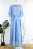 Blauw casual effen patchwork jurk met lange hals en lange mouwen