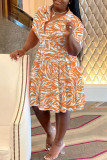Oranje casual print patchwork gevouwen kraag A-lijn grote maten jurken