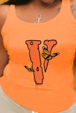 Blusas casuais laranja com estampa de borboleta e decote em U