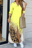Yellow Casual Print Leopard Patchwork Buckle Turndown Collar Shirt Dress Dresses