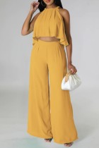 Yellow Casual Solid Basic O Neck Sleeveless Two Pieces